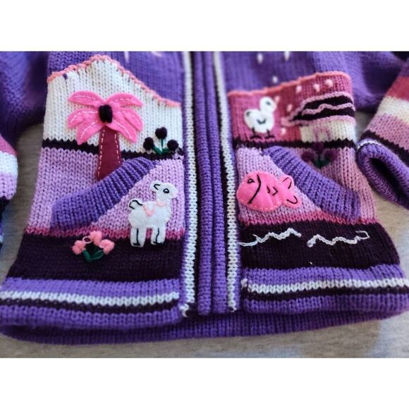 PERUVIAN HAND KNIT PATCHWORK HOODED ZIP UP PURPLE PINK SWEATER NWT - Picture 4 of 7